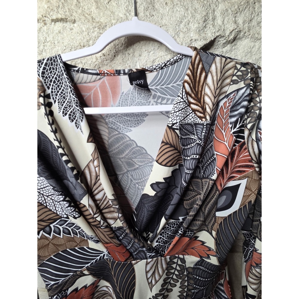 Privy Womens Long Sleeve‎ Botanical Leaf Print V-Neck Bodysuit Brown Rust 0872